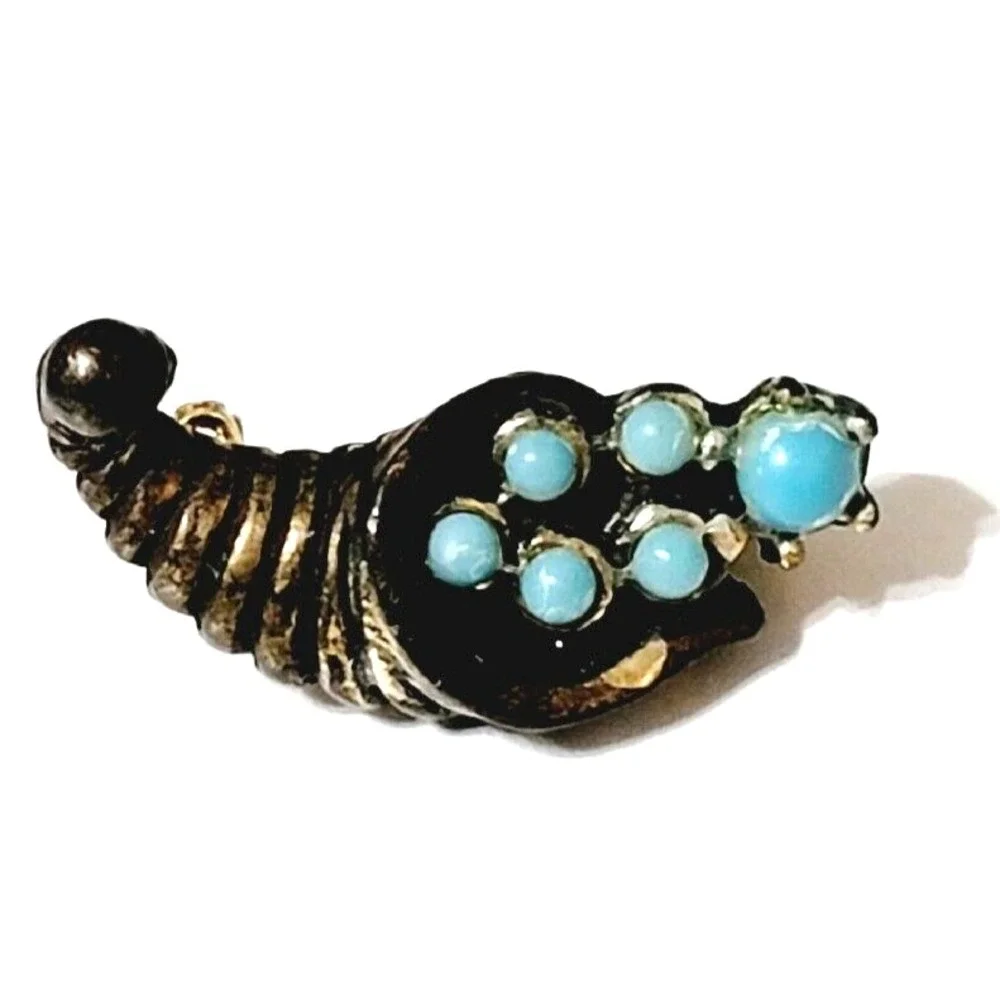Vintage Gold Turquoise Brooch Pin Cornucopia Horn of Plenty Beaded Small Lucite
